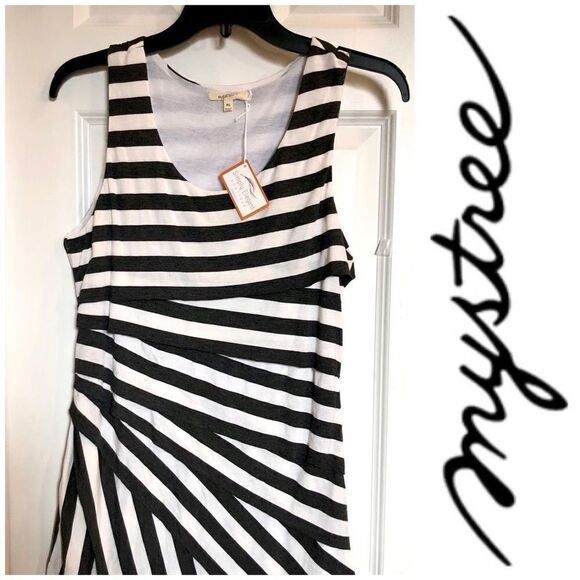 MYSTREE - NWT - L Sz M Raw Edge Striped Sleeveless Top/Dark Grey & White. CUTE! - Picture 1 of 16